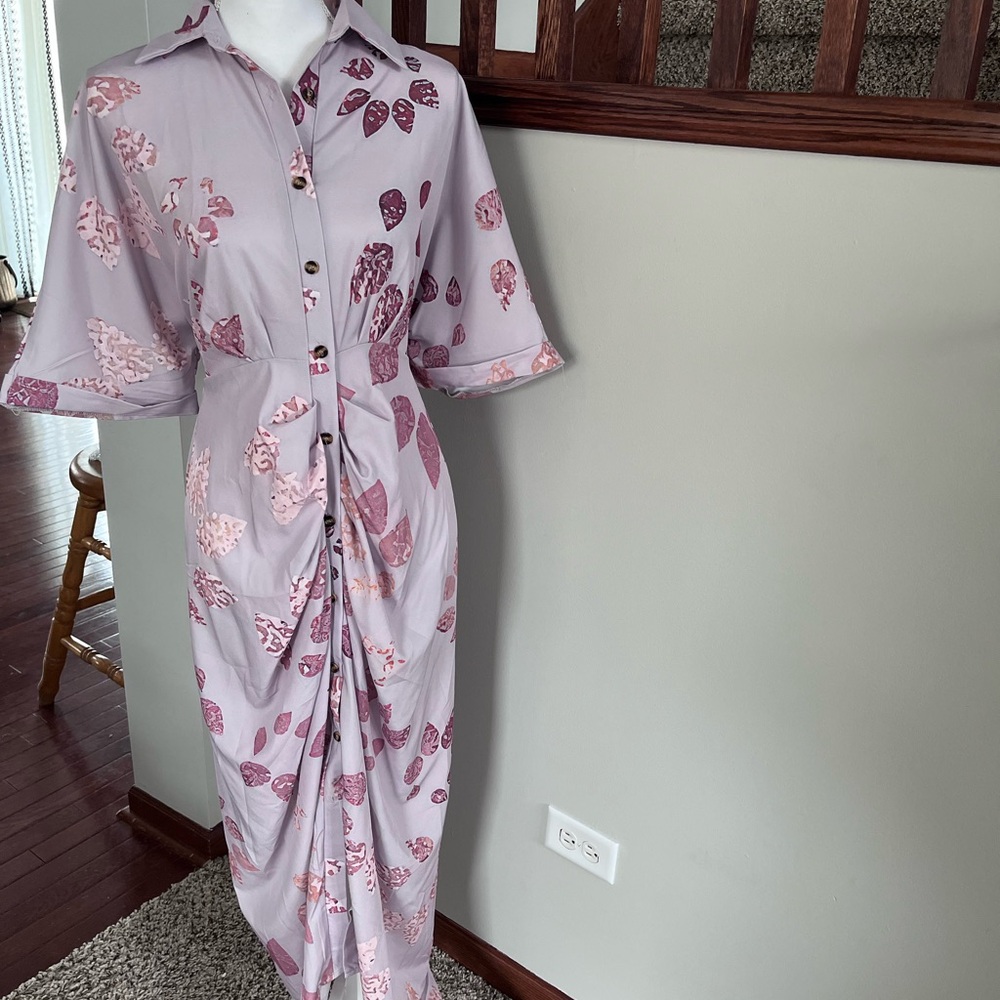 Blush Lavender Button-Down‎ Maxi Dress with Leaf Print XXXL Women's Summer Dress